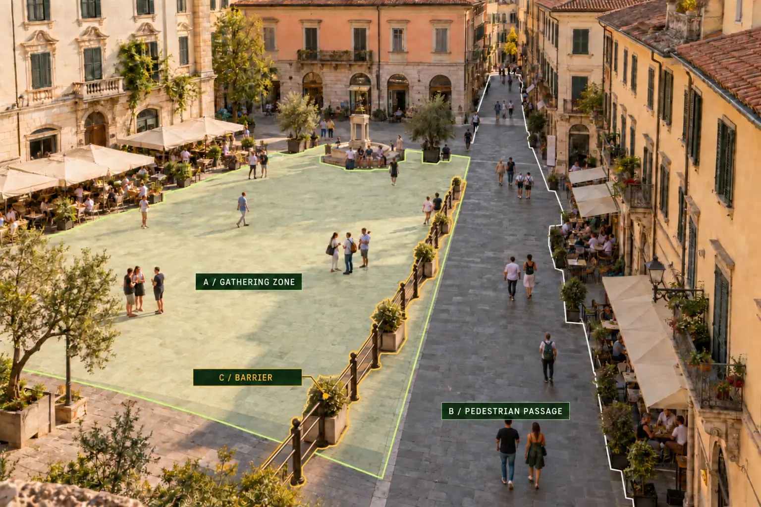 Public square with an outlined gathering zone and pedestrian passage, separated by low railings and planted dividers highlighted as a barrier.