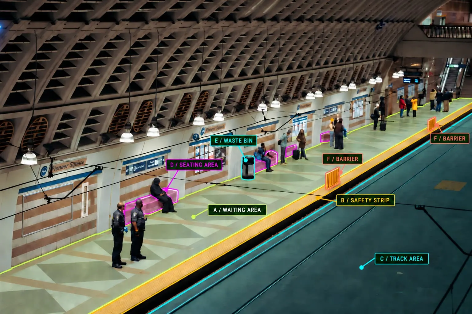 Transit platform with waiting space outlined in lime, the yellow safety strip, cyan tracks and waste bin, magenta seating, and coral barriers.